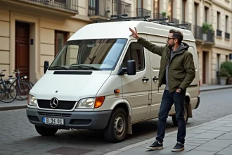 Van compact à faible hauteur de toit garé en ville, comparaison de la hauteur avec un homme adulte