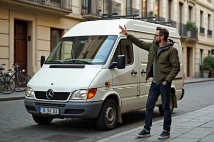 Van compact à faible hauteur de toit garé en ville, comparaison de la hauteur avec un homme adulte