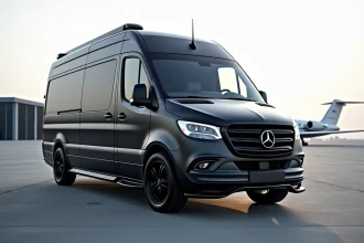 Van de luxe Mercedes-Benz Sprinter aménagé en noir mat garé sur un tarmac d'aérodrome privé, avec finitions chromées et vitres panoramiques teintées