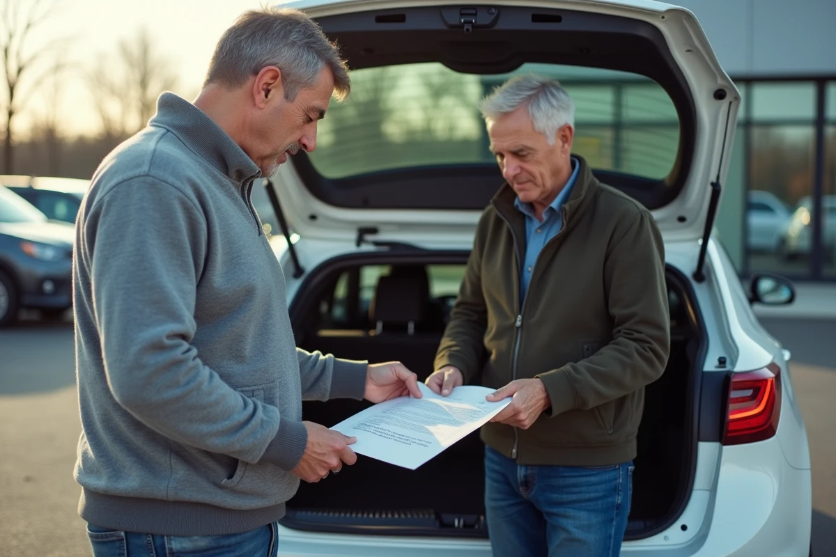 Deux hommes examinant le document de contrôle technique lors d'une transaction de vente de voiture d'occasion