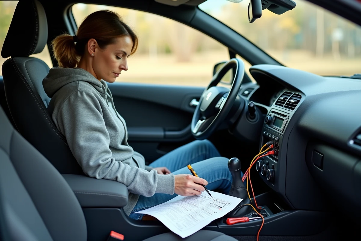 Femme vérifiant le branchement de l'autoradio Peugeot avec un multimètre et un schéma de câblage