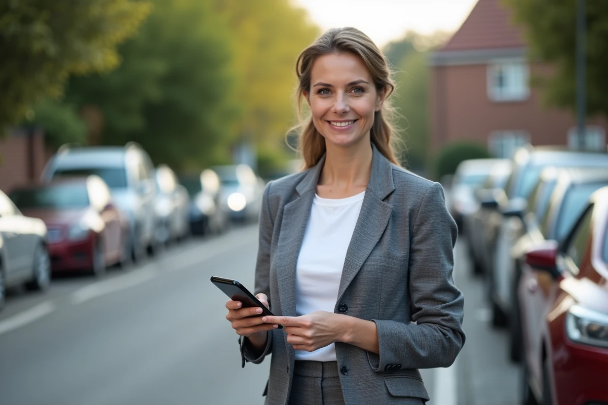 Femme devant sa voiture vérifiant le solde de points de son permis de conduire sur smartphone