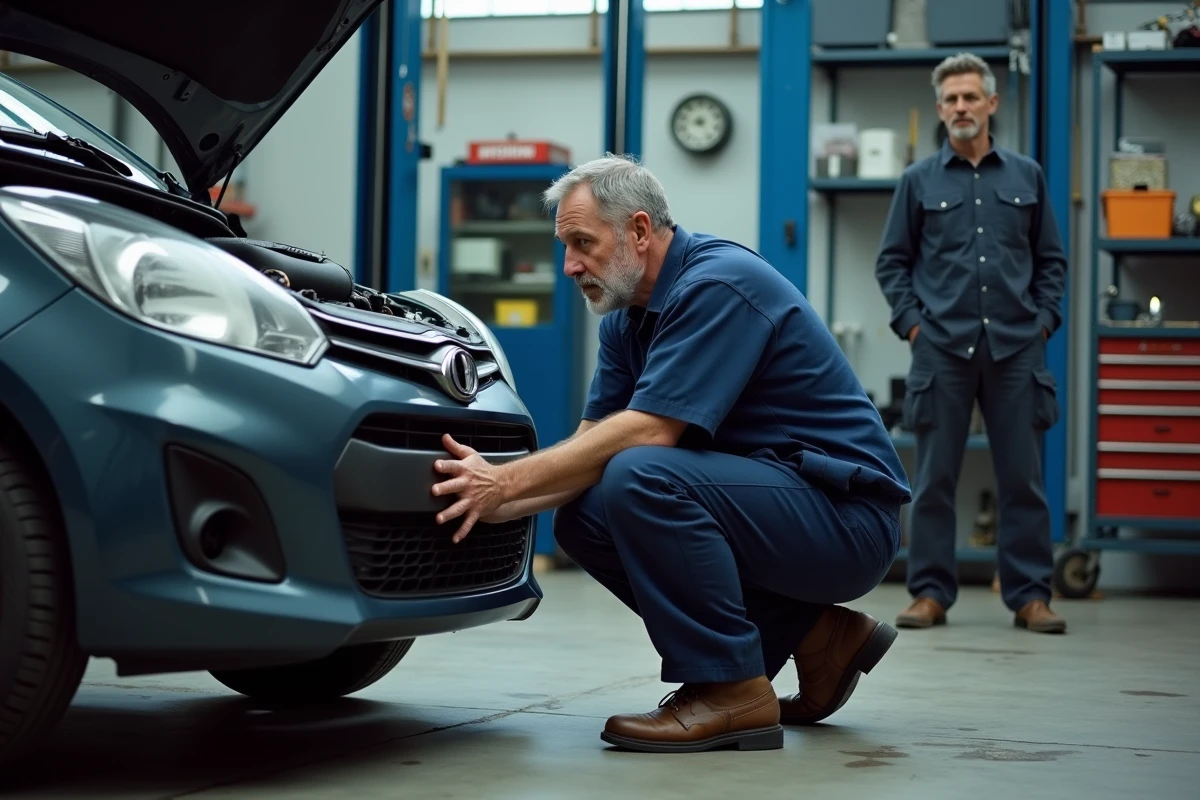Un mécanicien montre un défaut mécanique à un propriétaire de voiture dans un atelier de réparation automobile