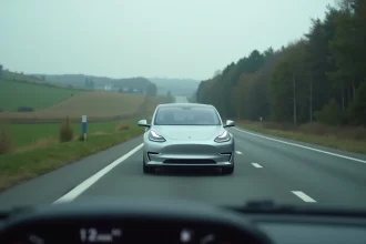Voiture électrique berline argentée roulant sur l'autoroute française avec affichage de l'autonomie visible